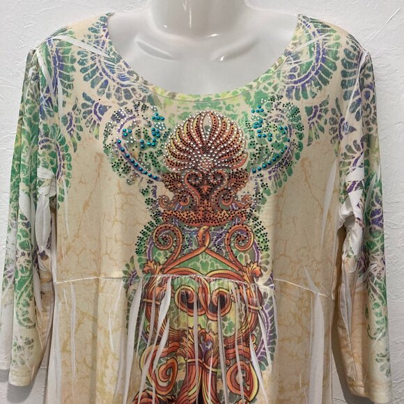 Aces Design Retro Tunic Top High waist Embellished Pullover Lightweight Multi XL - Picture 3 of 10